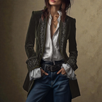 Women's velvet blazer with embroidered trim and long sleeves