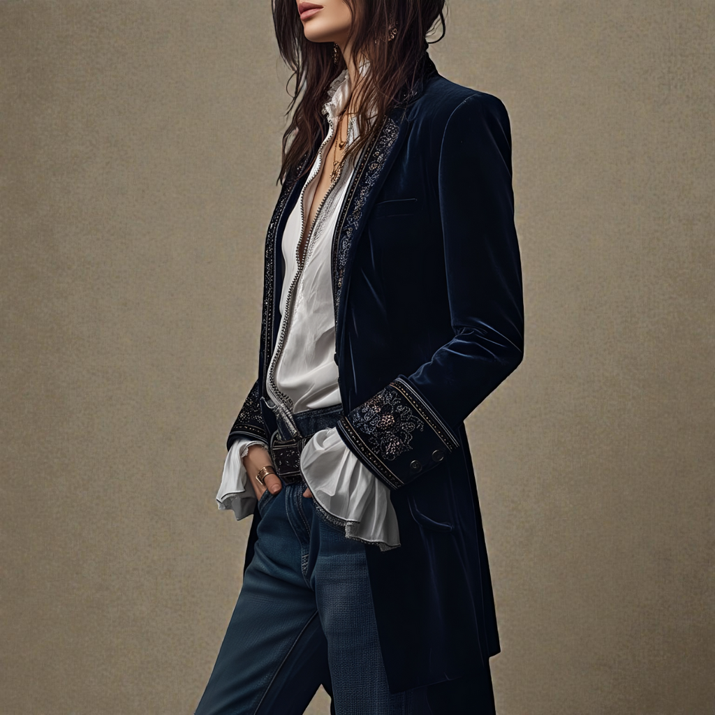 Women's velvet blazer with embroidered trim and long sleeves