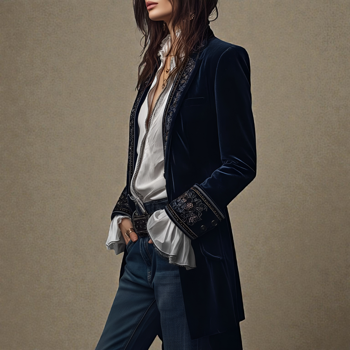 Women's velvet blazer with embroidered trim and long sleeves