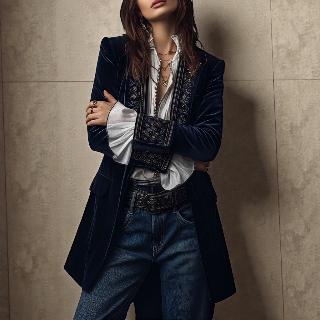 Women's velvet blazer with embroidered trim and long sleeves