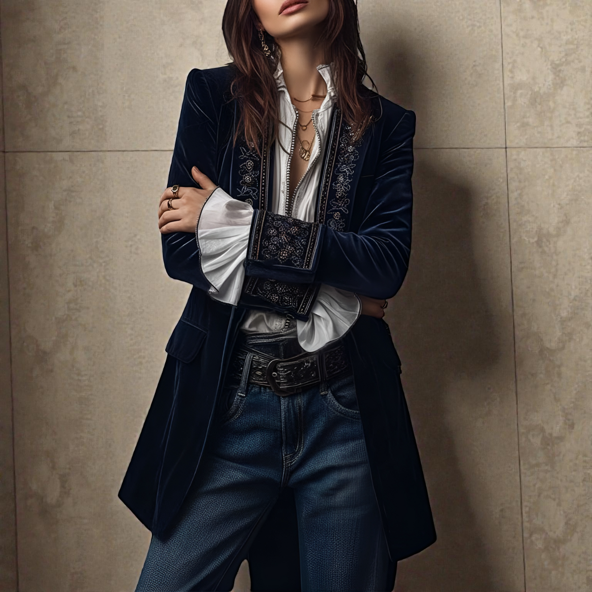 Women's velvet blazer with embroidered trim and long sleeves