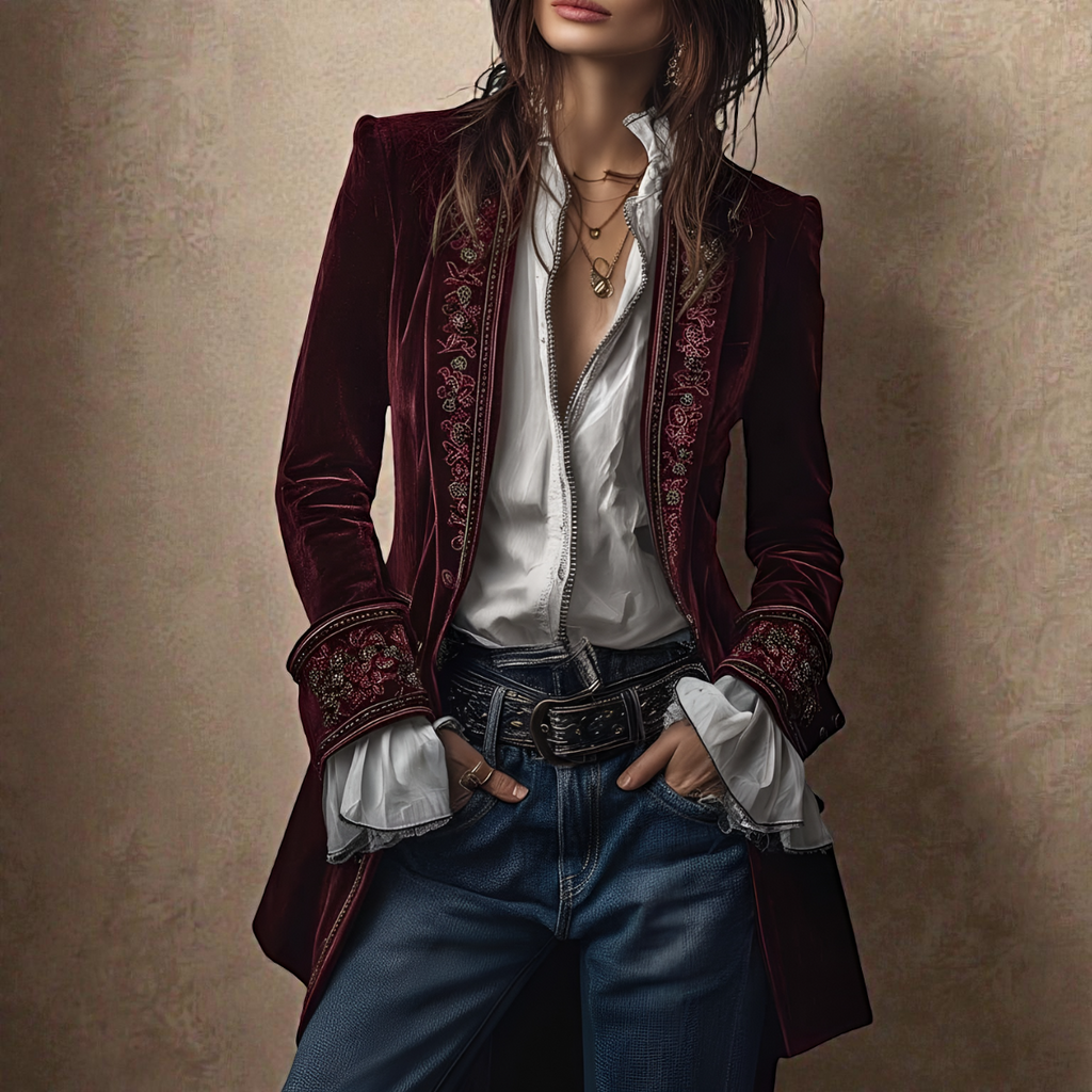 Women's velvet blazer with embroidered trim and long sleeves