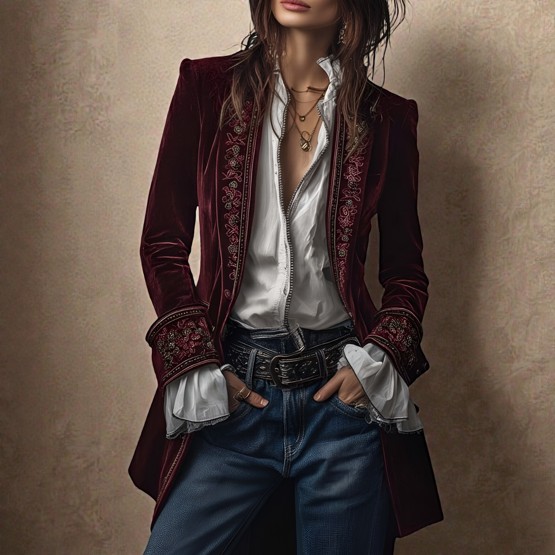 Women's velvet blazer with embroidered trim and long sleeves