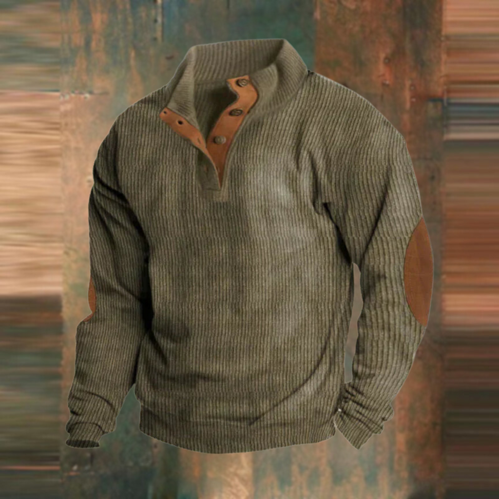 Men's high-neck ribbed jumper with button placket and elbow patches