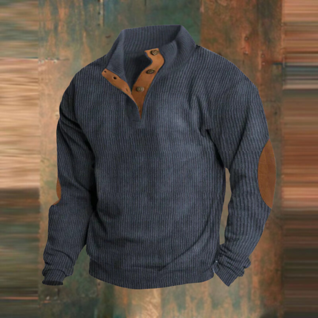 Men's high-neck ribbed jumper with button placket and elbow patches