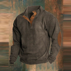 Men's high-neck ribbed jumper with button placket and elbow patches