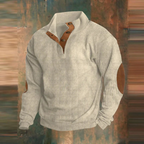 Men's high-neck ribbed jumper with button placket and elbow patches