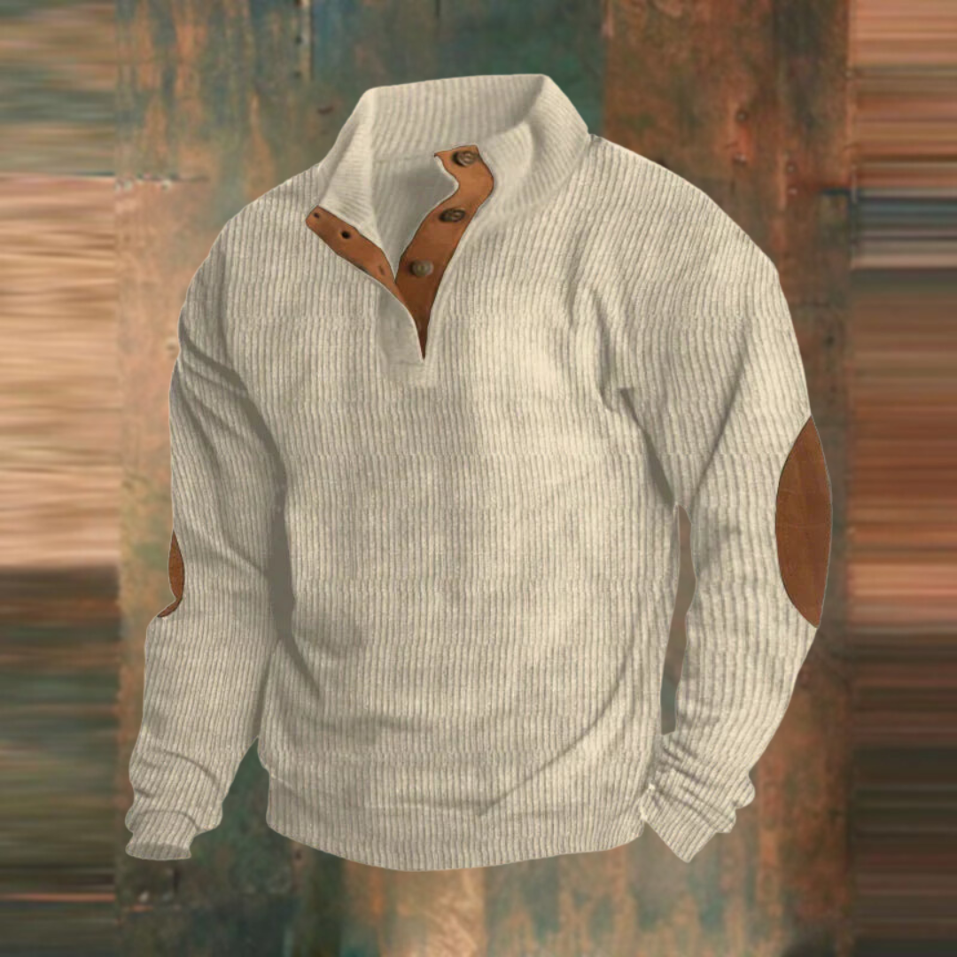 Men's high-neck ribbed jumper with button placket and elbow patches