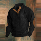 Men's high-neck ribbed jumper with button placket and elbow patches