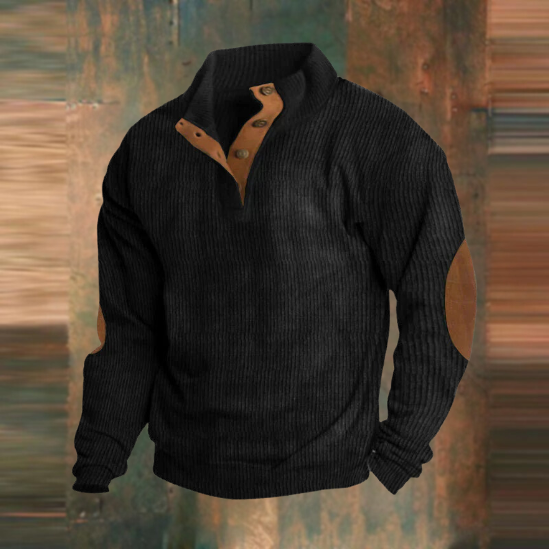Men's high-neck ribbed jumper with button placket and elbow patches