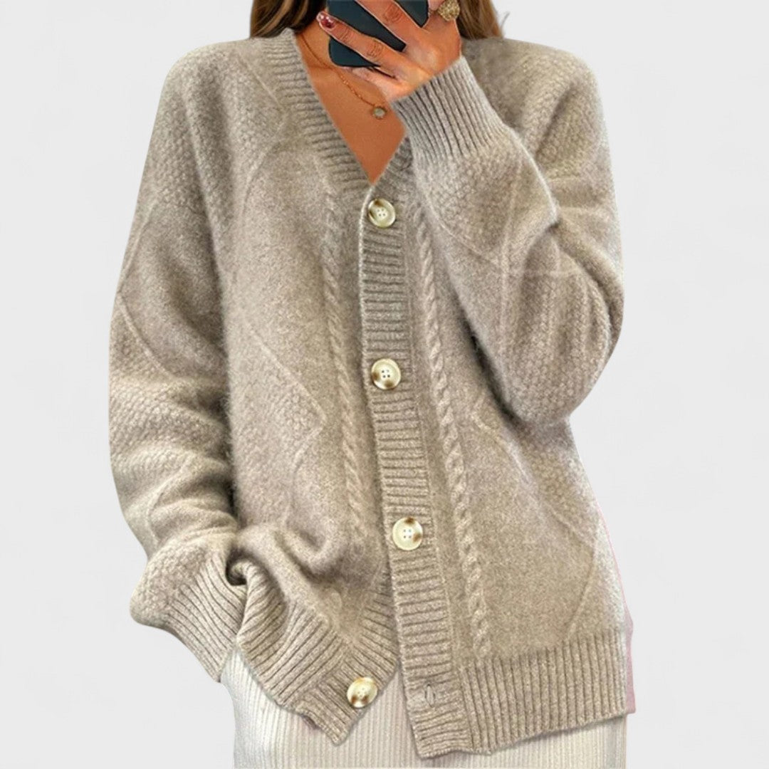 Women's textured knit cardigan with V-neckline, long sleeves and front buttons
