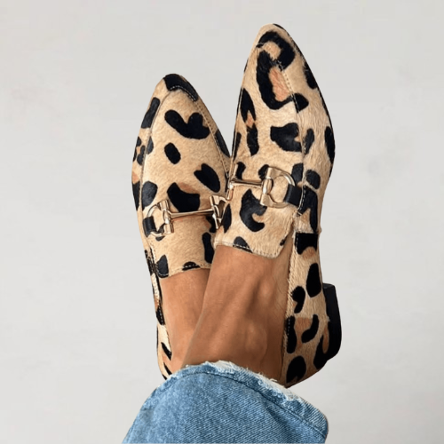Women's leopard print pointed toe loafers with buckle detail