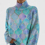 Women's multicolour geometric scale print turtleneck knit sweater with long sleeves