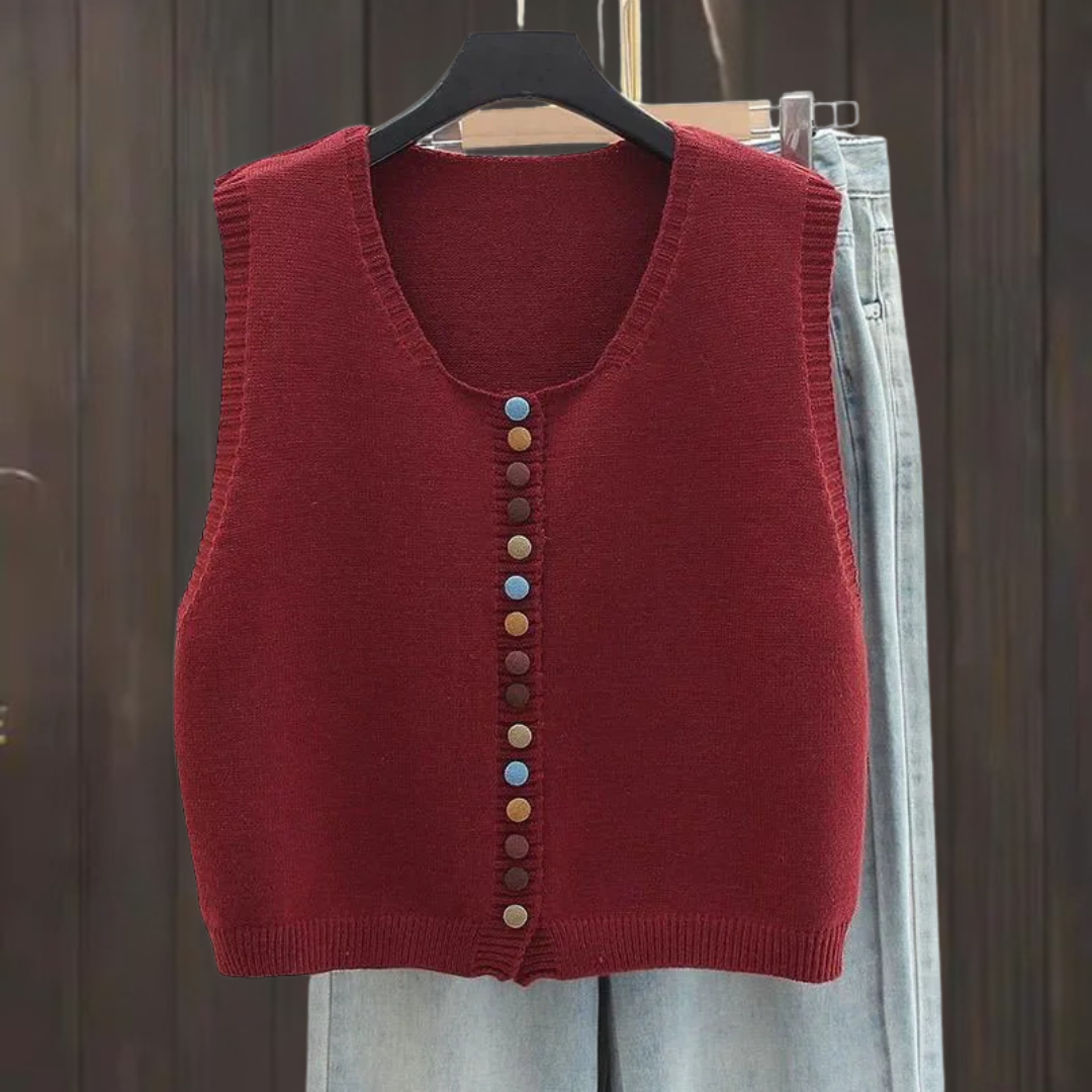 Sleeveless knit vest with scoop neck and multicolour front buttons