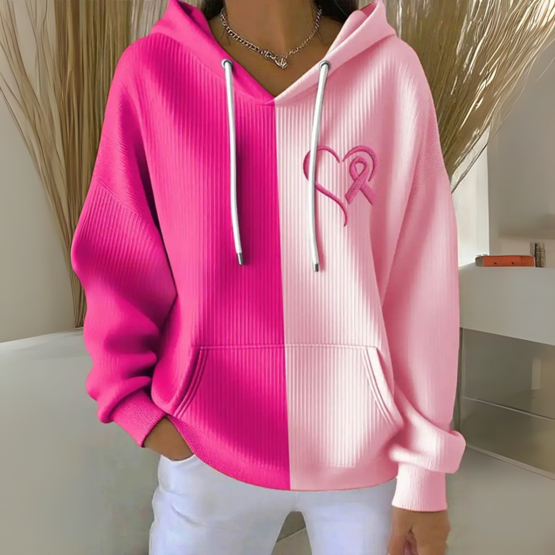 Women's two-tone pink colour block hoodie with hood and front pouch pocket