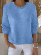 Women's crew neck knitted sweater with long sleeves and ribbed trims