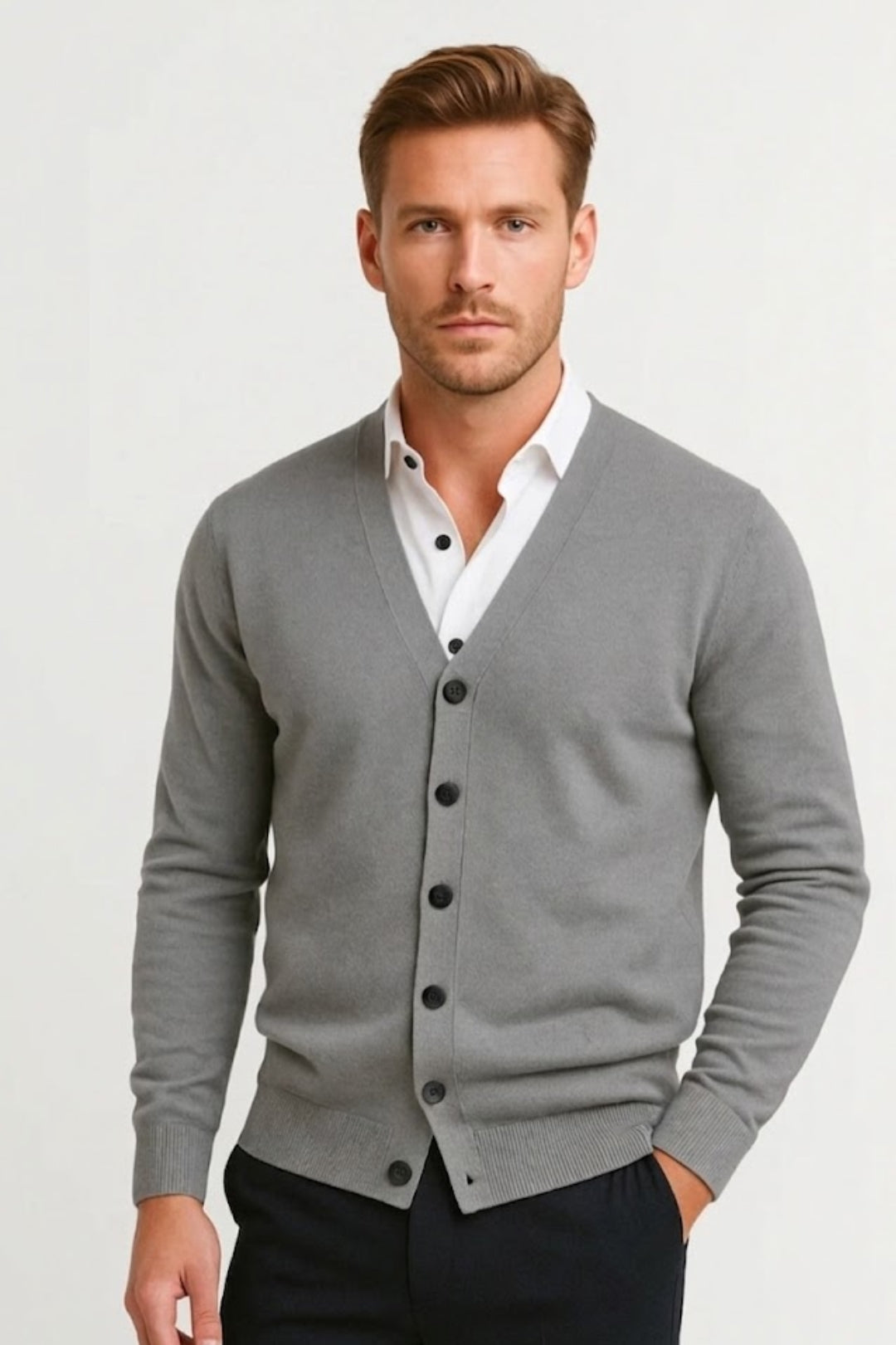 Men's grey V-neck button-front cardigan with long sleeves and ribbed trims