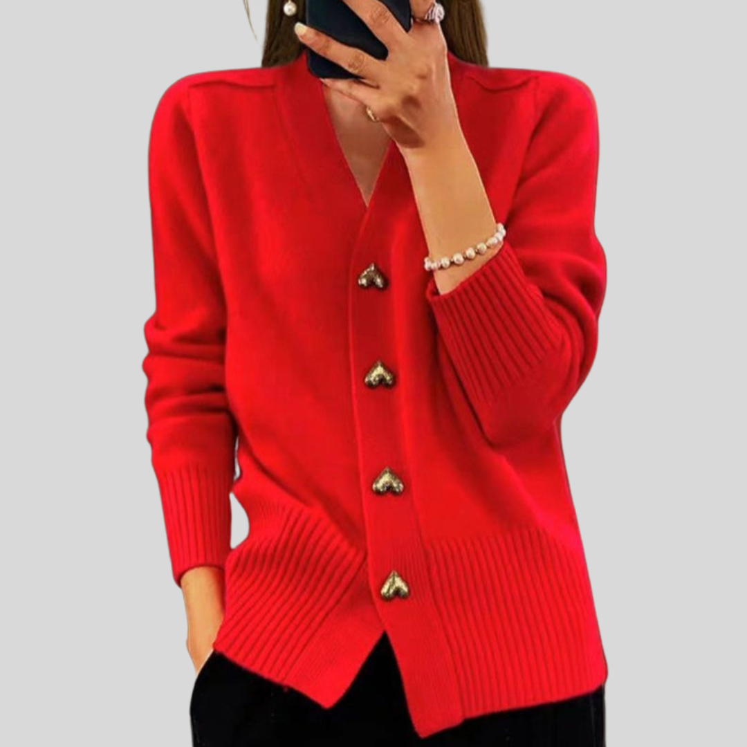Women's V-neck cardigan with heart-shaped buttons and front pockets