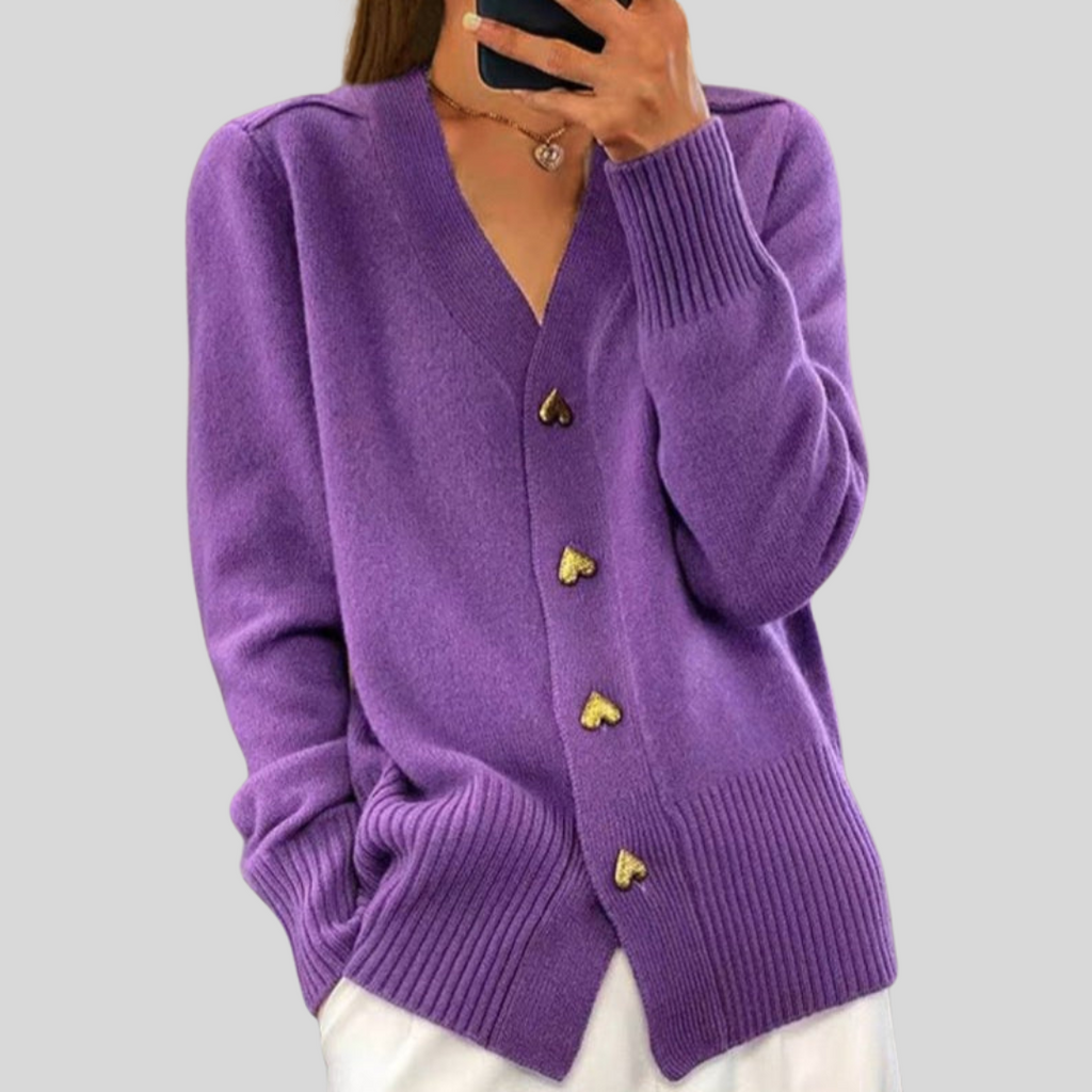 Women's V-neck cardigan with heart-shaped buttons and front pockets