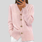 Women's V-neck cardigan with heart-shaped buttons and front pockets