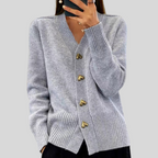 Women's V-neck cardigan with heart-shaped buttons and front pockets