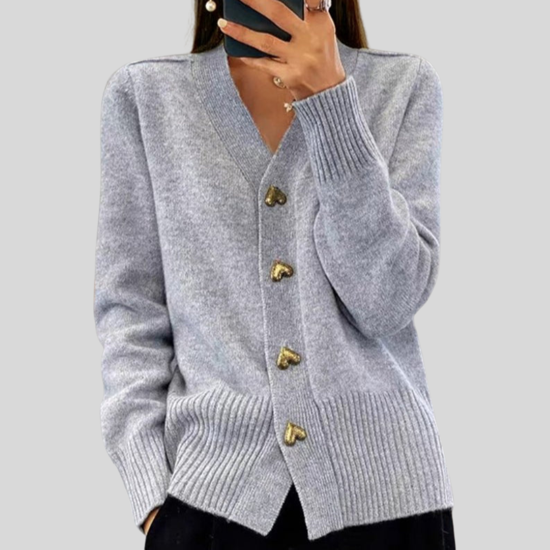 Women's V-neck cardigan with heart-shaped buttons and front pockets