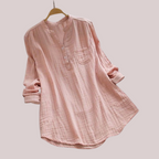 Women's textured split-neck blouse with buttons, chest pocket and 3/4 sleeves