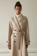 Women's long belted double-breasted trench coat with lapels