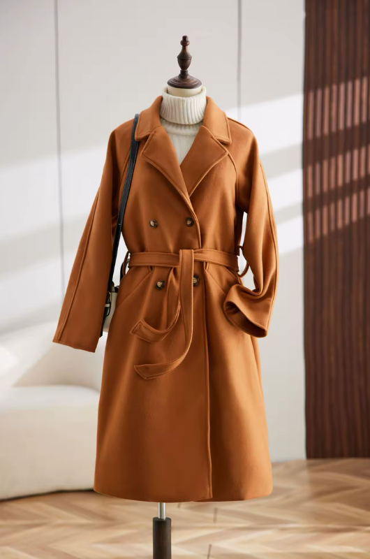 Women's long belted double-breasted trench coat with lapels