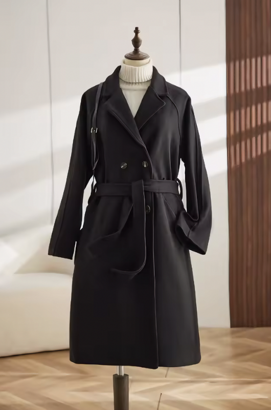 Women's long belted double-breasted trench coat with lapels