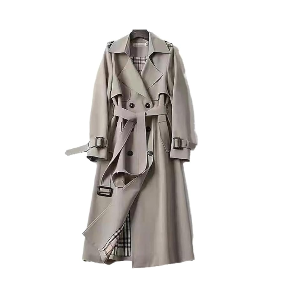 Women's long double-breasted trench coat with belt, lapel collar and cuff buckles