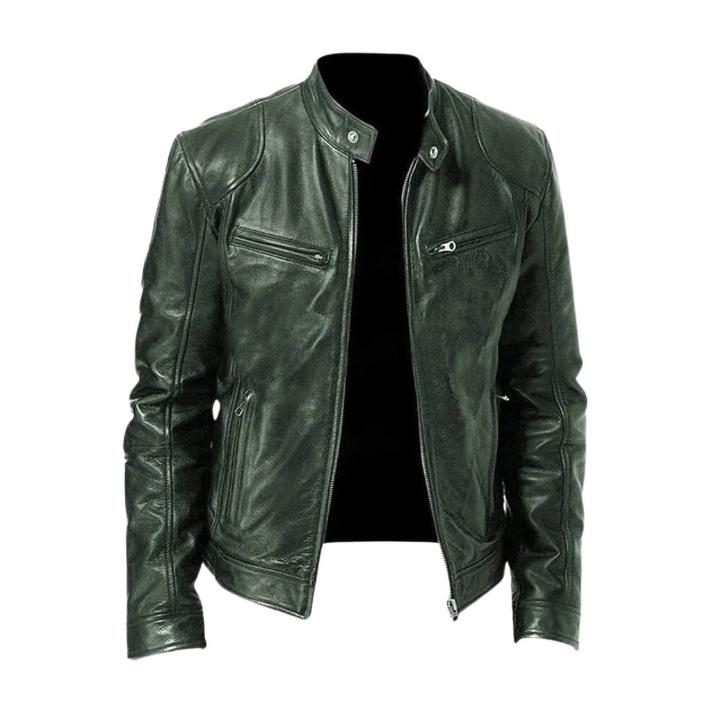 Men's zip front biker jacket with stand collar and zipped pockets