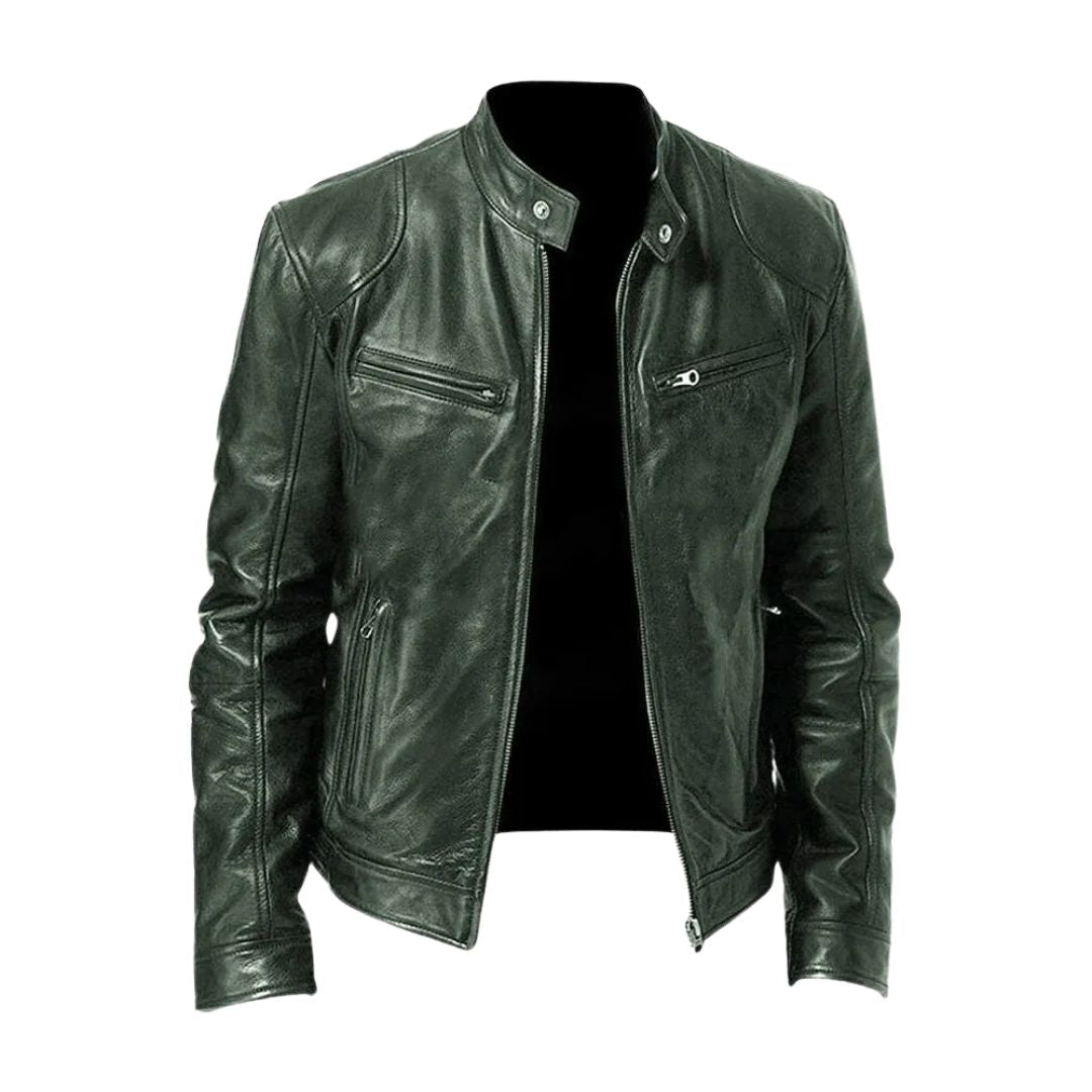 Men's zip front biker jacket with stand collar and zipped pockets
