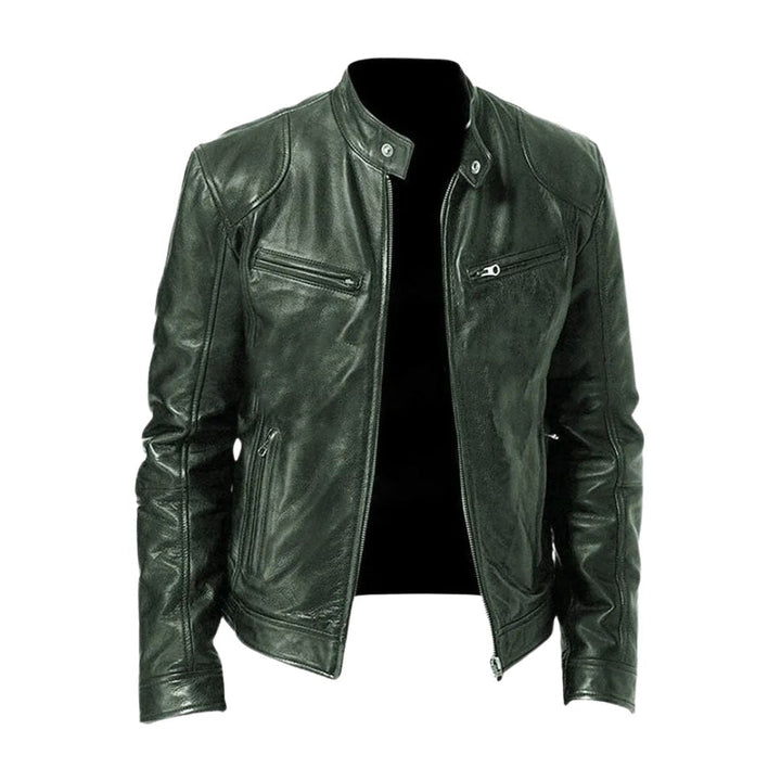 Men's zip front biker jacket with stand collar and zipped pockets