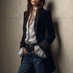 Women's velvet blazer with embroidered trim and long sleeves