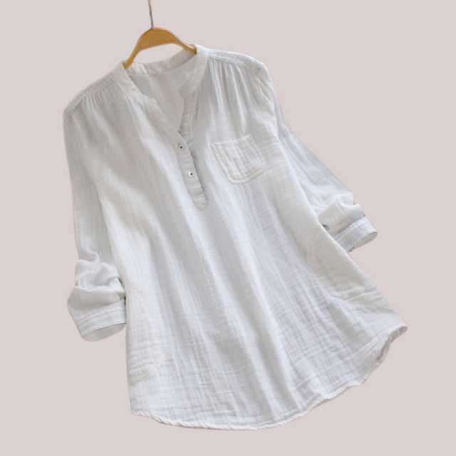 Women's textured split-neck blouse with buttons, chest pocket and 3/4 sleeves