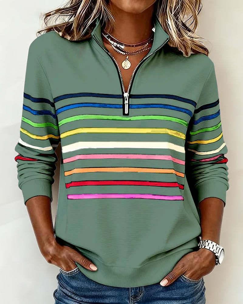 Women's quarter-zip sweatshirt with colourful horizontal stripes and long sleeves