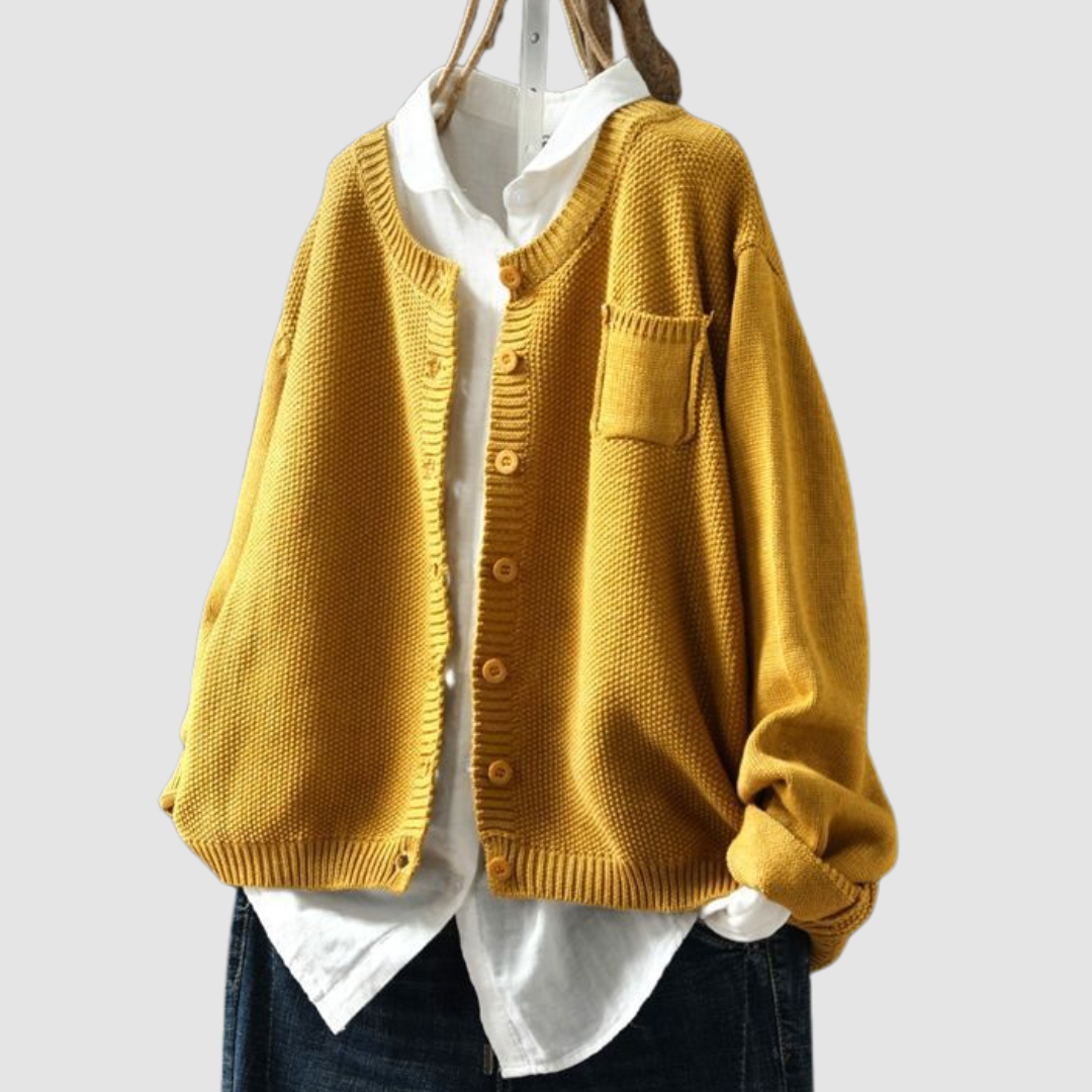 Women's textured knit button cardigan with round neckline, long sleeves and chest pocket