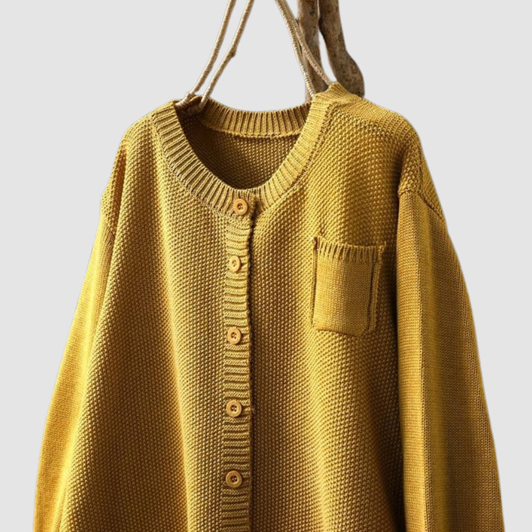 Women's textured knit button cardigan with round neckline, long sleeves and chest pocket