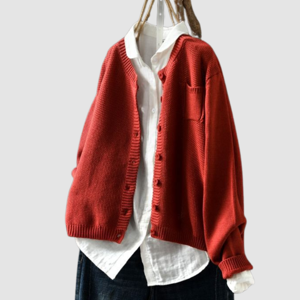 Women's textured knit button cardigan with round neckline, long sleeves and chest pocket