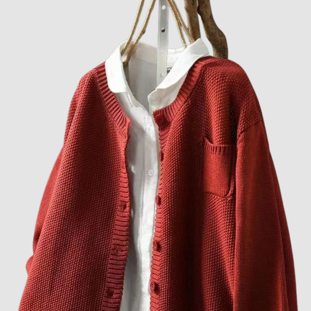 Women's textured knit button cardigan with round neckline, long sleeves and chest pocket