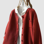 Women's textured knit button cardigan with round neckline, long sleeves and chest pocket