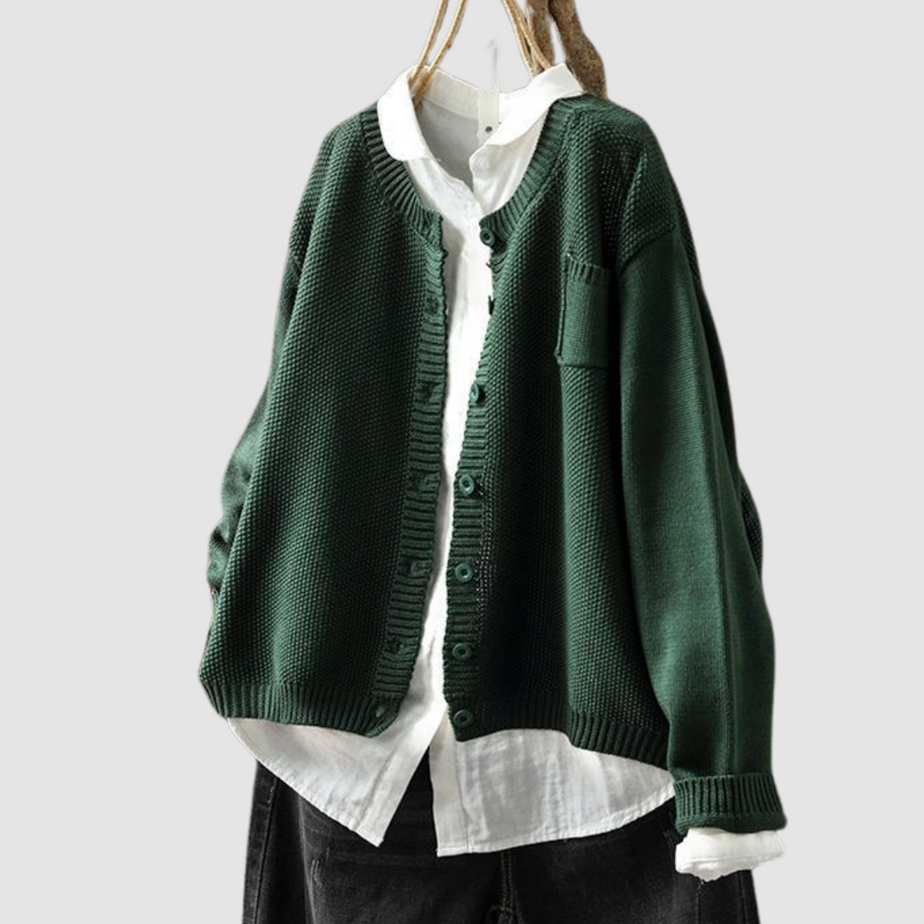 Women's textured knit button cardigan with round neckline, long sleeves and chest pocket