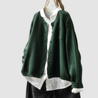 Women's textured knit button cardigan with round neckline, long sleeves and chest pocket