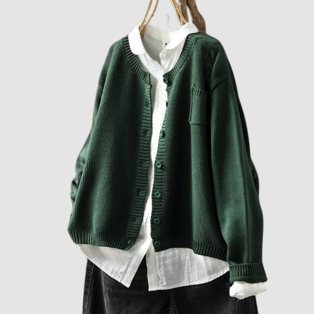 Women's textured knit button cardigan with round neckline, long sleeves and chest pocket