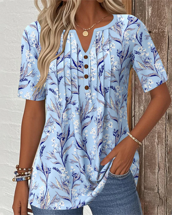 Women's floral blouse with short sleeves and front buttons