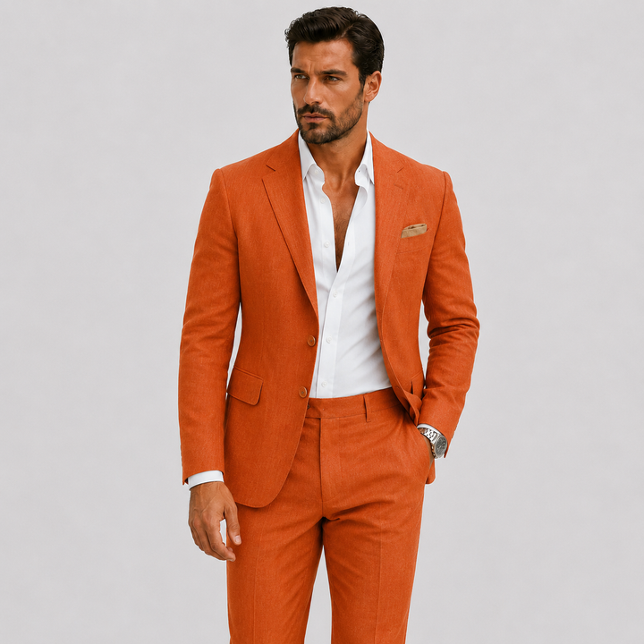 Men's tailored two-piece suit with notched lapels and matching trousers