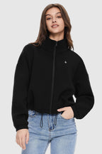 Women's cropped full zip sweatshirt with raised collar and drawstring hem