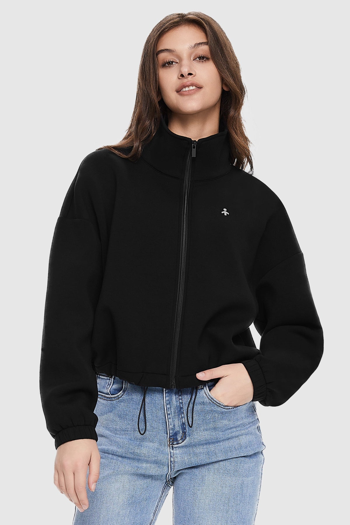 Women's cropped full zip sweatshirt with raised collar and drawstring hem