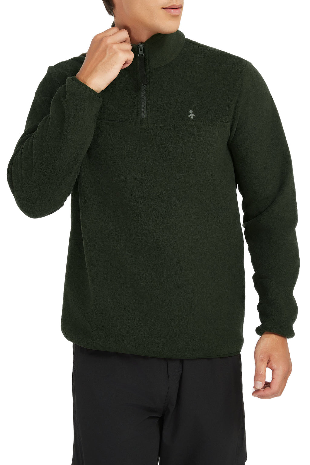 Men's quarter-zip fleece pullover with raised collar and long sleeves